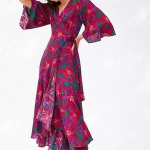 Anthropologie for Farm Rio, Vieques wrap dress, floral in plum and red, Medium